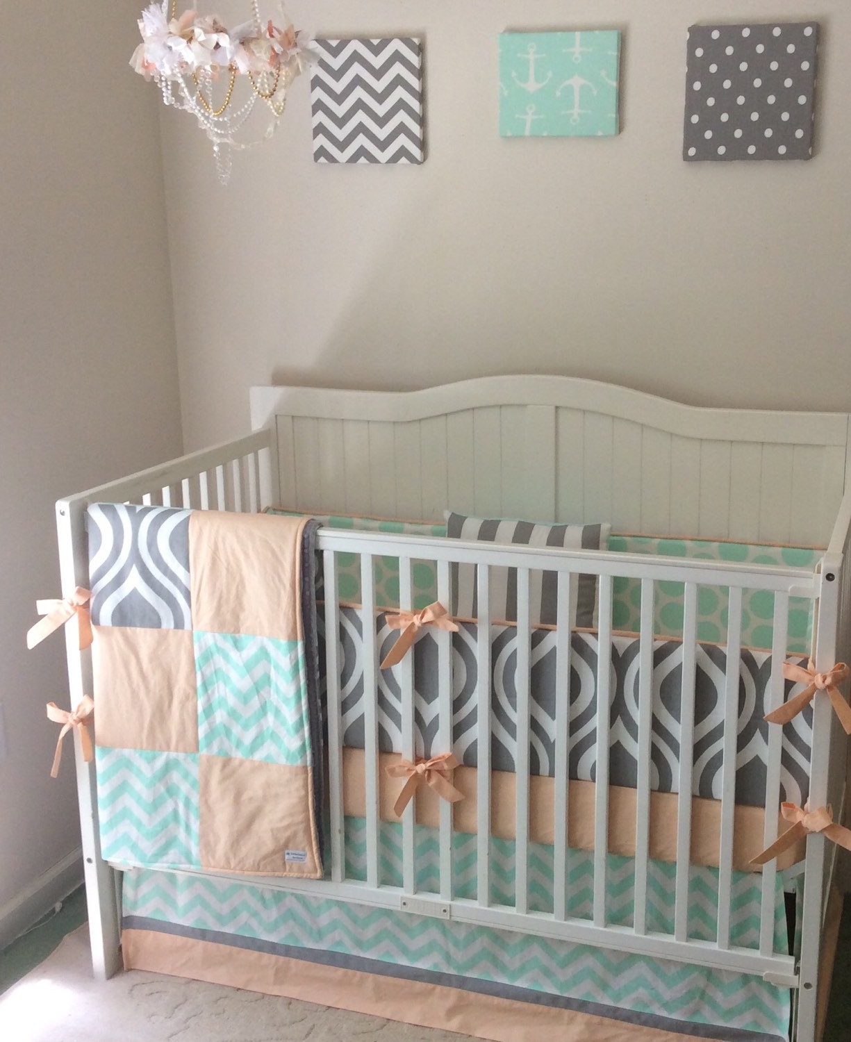 SALE Crib Bedding Peach Gray and Mint by butterbeansboutique
