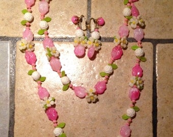 Pink and White Flower Garden Necklace and Earrings