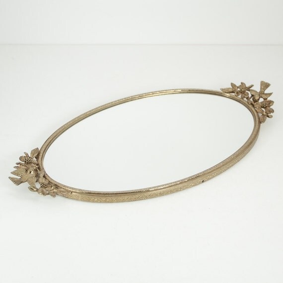 Vintage Matson Mirror Vanity Tray Birds Dogwood Gold Tone