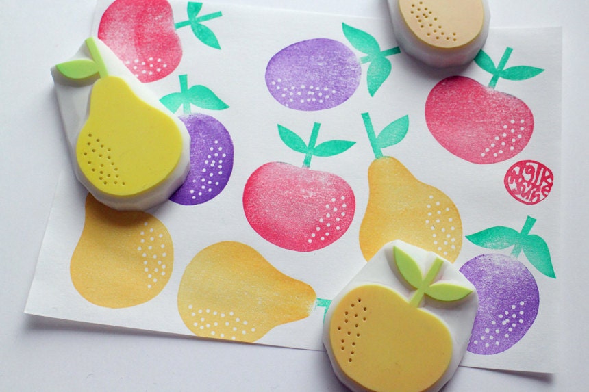fruits rubber stamp set. hand carved rubber stamp. by talktothesun
