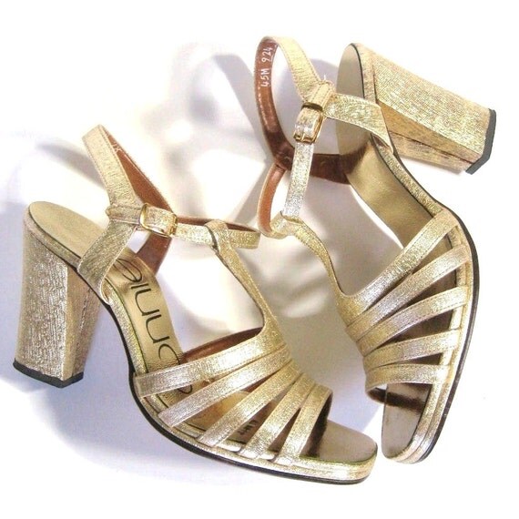 Mod 1970s Vintage Shoes Gold Lame High Heel Evening T Strap Sandal ...