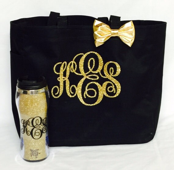 Gift Set Personalized Totes Beach Bag wGlitter Cup, Black  Gold ...