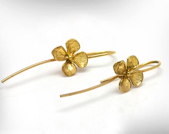 Gold Flower Dangle Earrings, Dainty Gold Earrings, Petite Dangle Earrings, Tiny Flower Earrings, 22k Gold Plated Drops, Women Gold Earrings