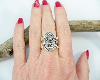 Silver Cross Stretch Ring, Crystal Statement Ring, Stretch Band Ring, Handmade Ring, Women's Jewelry, Stretch Band Ring