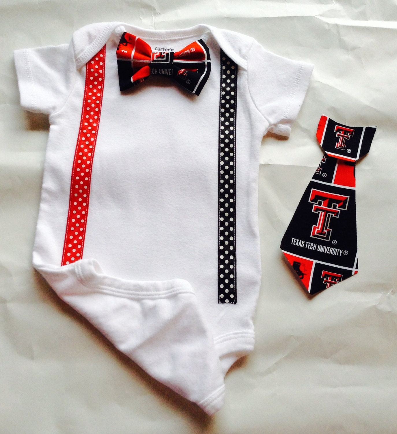 Boys Texas Tech onesie. Choice of snap bow tie or by mommaschoice