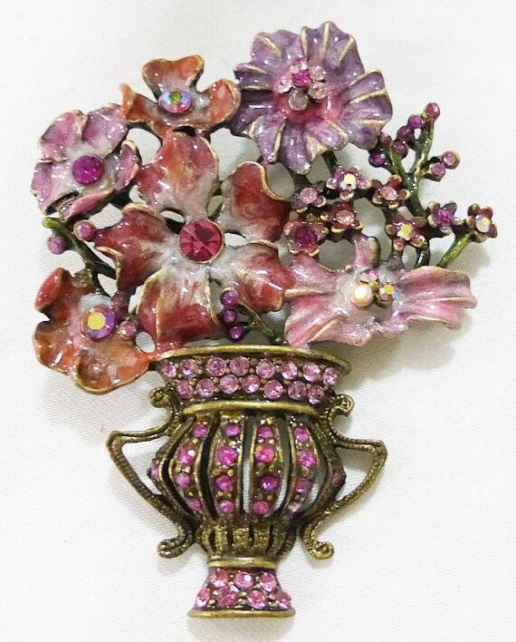 Flower vase pin brooch enamel rhinestones vintage by MashliDesign