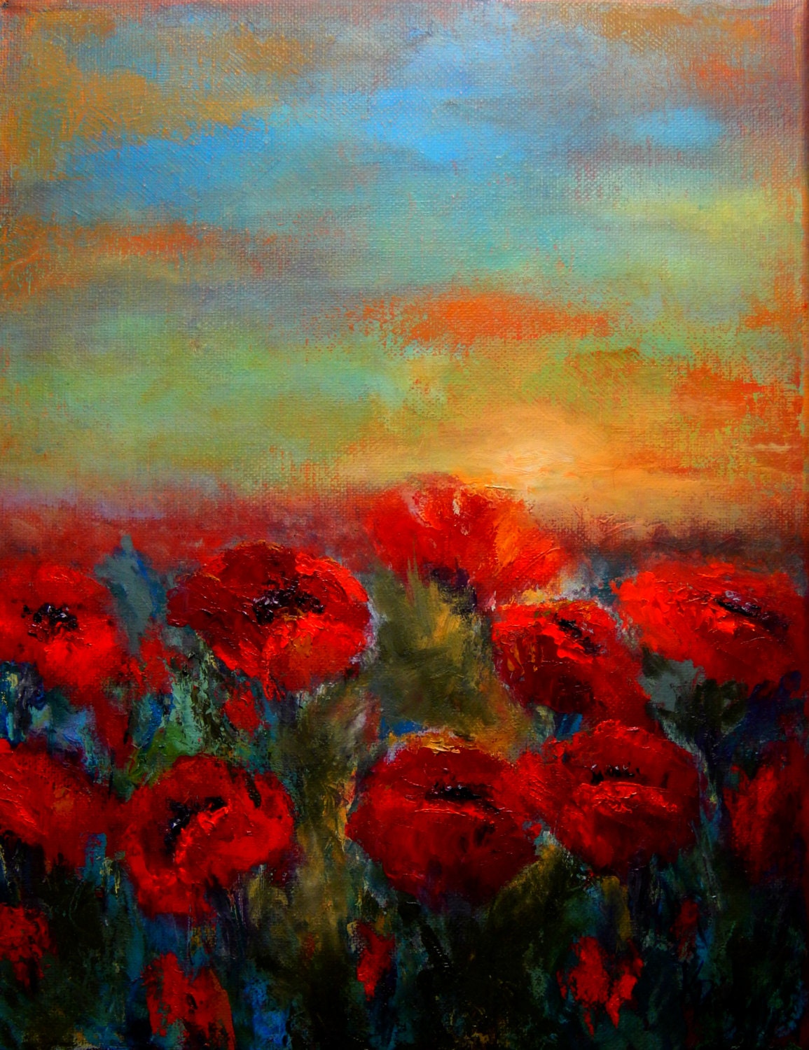 Red Poppy Field Original Oil Painting 11 X 14 Free Shipping