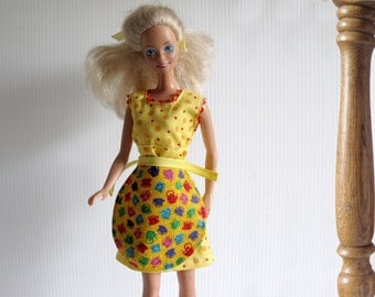 Barbie Clothes - Barbie Kitchen Dress + Apron – Handmade Barbie Retro Homemaker - Yellow + Green Polka Dots