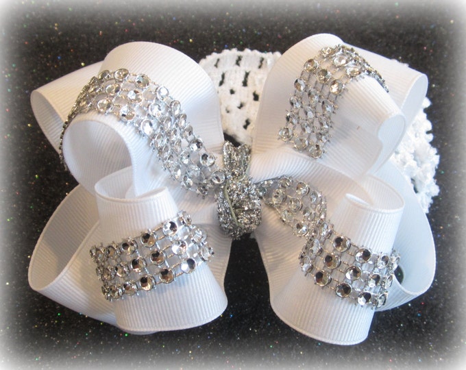 White Rhinestone Bow, Bling Hair Bows, Boutique Bows, MINI Layered Glamour Bow, 4 Inch Bows, Diamond Bow, Pageant Hairbow, Wedding Bows, gl