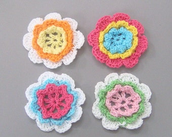 12 Handmade Crochet Flower Appliques 1 3/4 inch 4 Colors EA38