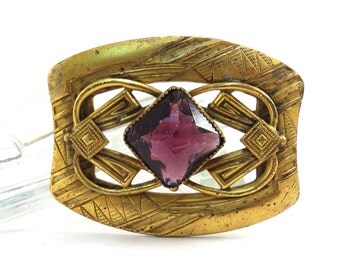 Art Deco Brass Brooch Large Amethyst Vintage 1930s Broach - FREE Domestic Shipping