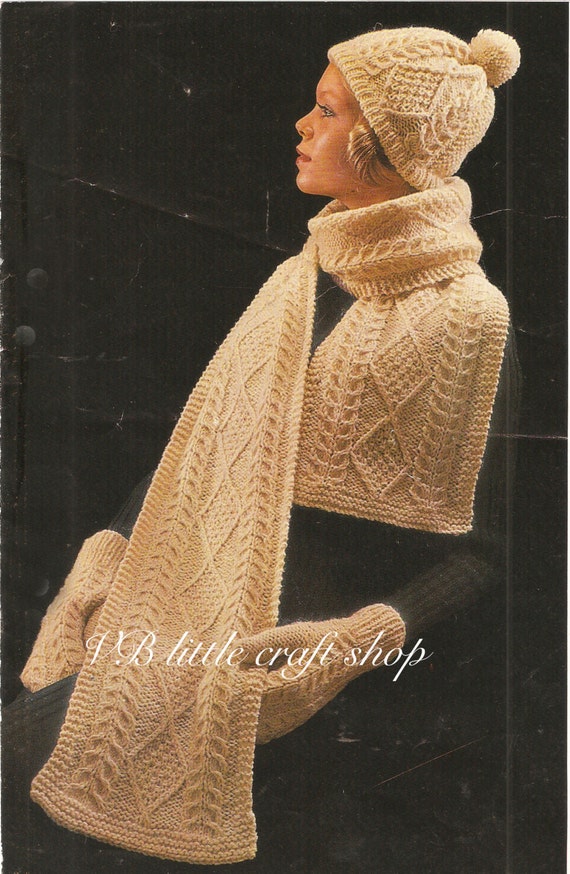 Aran hat mitts and scarf knitting pattern. Instant PDF