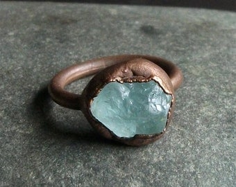 Aquamarine Copper Ring Size 6.5 Gemstone Natural Sea Blue Copper Jewelry Birthstone Gemstone March Handmade