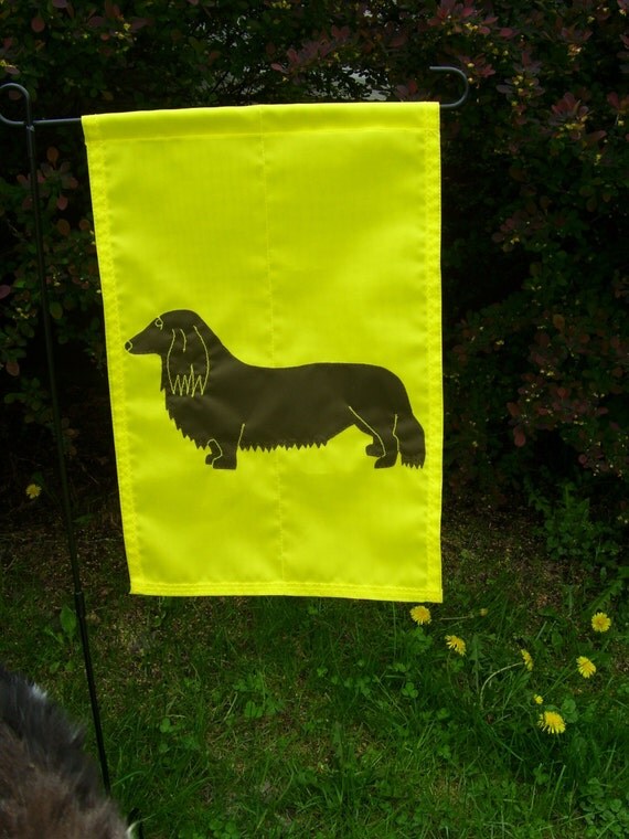 Long Hair Dachshund Silhouette Garden Flag by CornucopiaMoon
