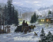 Down Memory Lane CANVAS Giclee Print 18 X 24 bringing home Christmas tree, paintings, western wall art, winter, horses, Vickie Wade