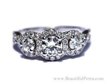 CUSTOM made - 1.00 carat Round - Pave - 3 stone - Diamond Engagement Ring 14K white gold - Weddings - Luxury - Brides - bph017