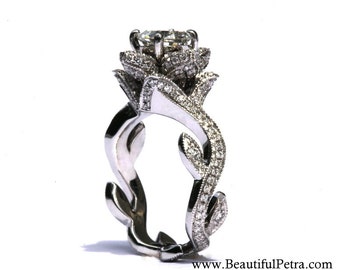 blooming work of art milgrain flower rose lotus diamond engagement ring setting with leaves on - Rose Wedding Rings blooming work of art milgrain flower rose lotus diamond engagement ring setting with leaves on - Rose Wedding Rings