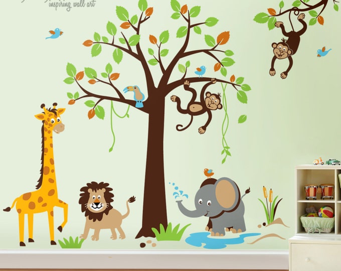 Safari Jungle Animals Wall Decal, Safari Tree Set Wall Decal Sticker, Nursery Kids Playroom Decor, Monkey Giraffe Elephant Lion Wall Decal