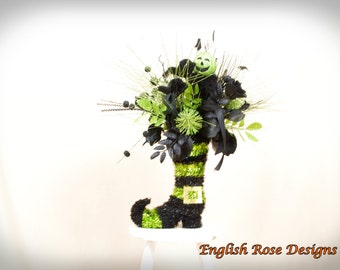Witch Boot, Witch Centerpiece, Black and Green Centerpiece, Halloween Decor, Wicked Witch, Halloween Arrangement, Witch Boot Centerpiece