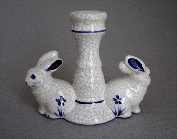Dedham Rabbit Crackle Candlestick Potting Shed Candle Stick Art 