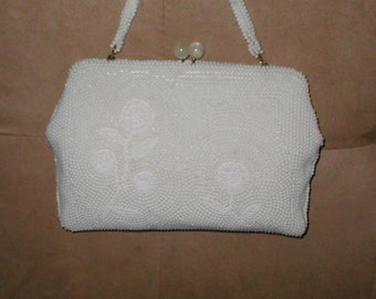 Vintage WHITE Beaded Evening Bag Purse