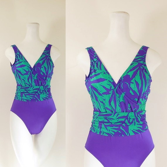 80s one piece swimsuit / 80s swimsuit / 80s purple green