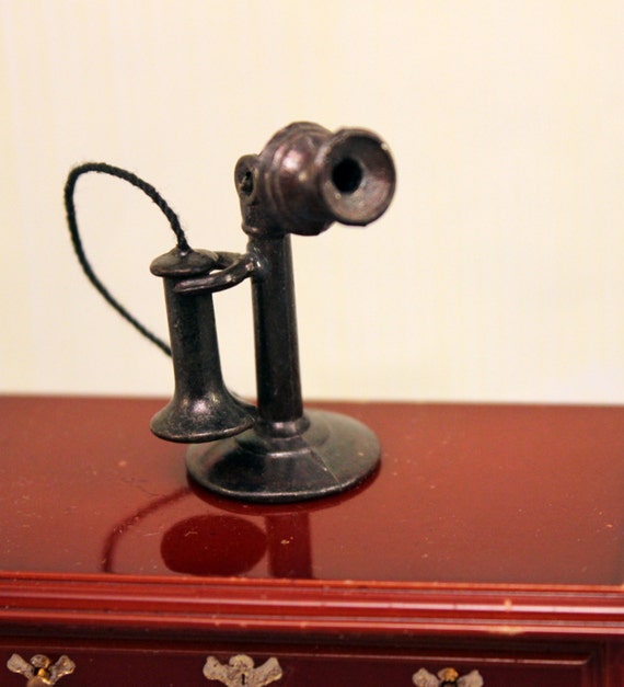 Miniature Dollhouse Candlestick Telephone Black Metal
