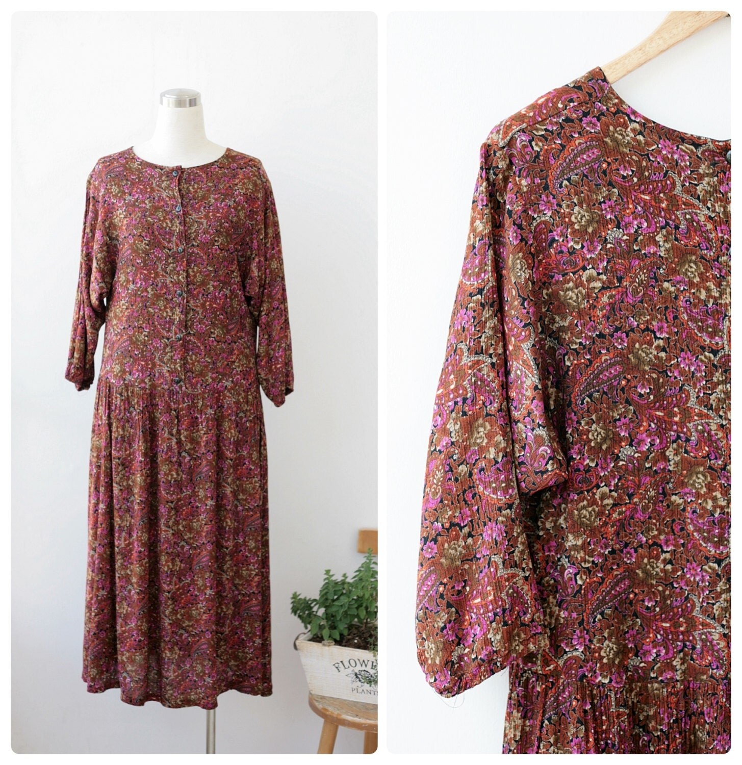 1970s Vintage boho dress L XL oversized rayon ethnic paisley