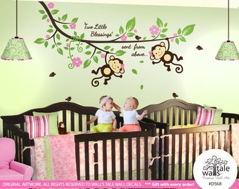 Twin Monkey wall decal with Blossom Tree branch, cute birds and a quote Two Little Blessings sent from above, jungle decal, pink - d568