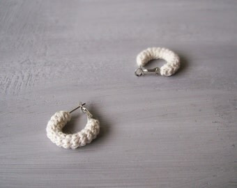 Off White Small Earrings, Mini Crochet Tube Hoops, 20 mm hoops, Simple Minimalist Everyday Jewelry, gift for her