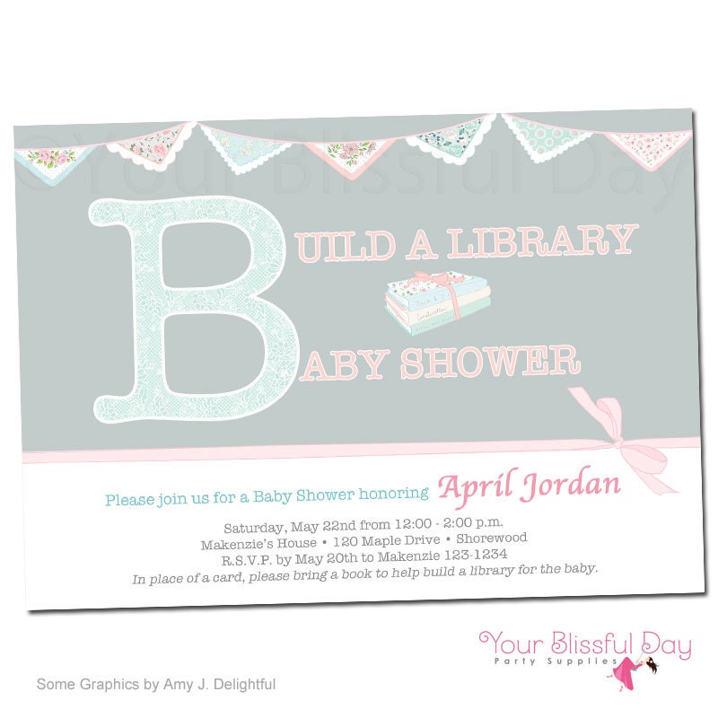 PRINTABLE Vintage Build a Library Baby Shower Invitations 211