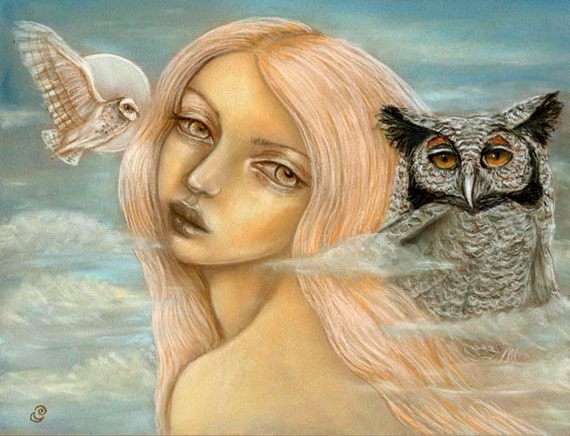 Owl Caller pop surrealism big eye girl 8x10 fine art print