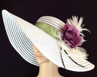 Kentucky Derby Hat with Purple Rose, Fascinator,Wide Brim Dress Hat ,Formal Dress Hat Wedding Tea Party Ascot Horse Race