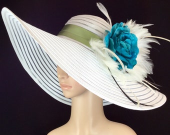 Kentucky Derby Hat with Teal Blue Rose, Fascinator, Wide Brim Dress Hat ,Formal Dress Hat Wedding Tea Party Ascot Horse Race