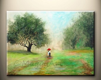 walking in the rain in park - 24x18inch, large original modern painting, on stretched canvas, ready to hang,great wedding gift