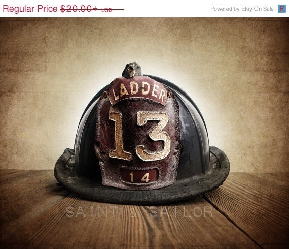 FLASH SALE Vintage Fireman helmet Photo Art Print,Vintage Ladder 13, 12 Sizes Available from Print to Mounted Canvas