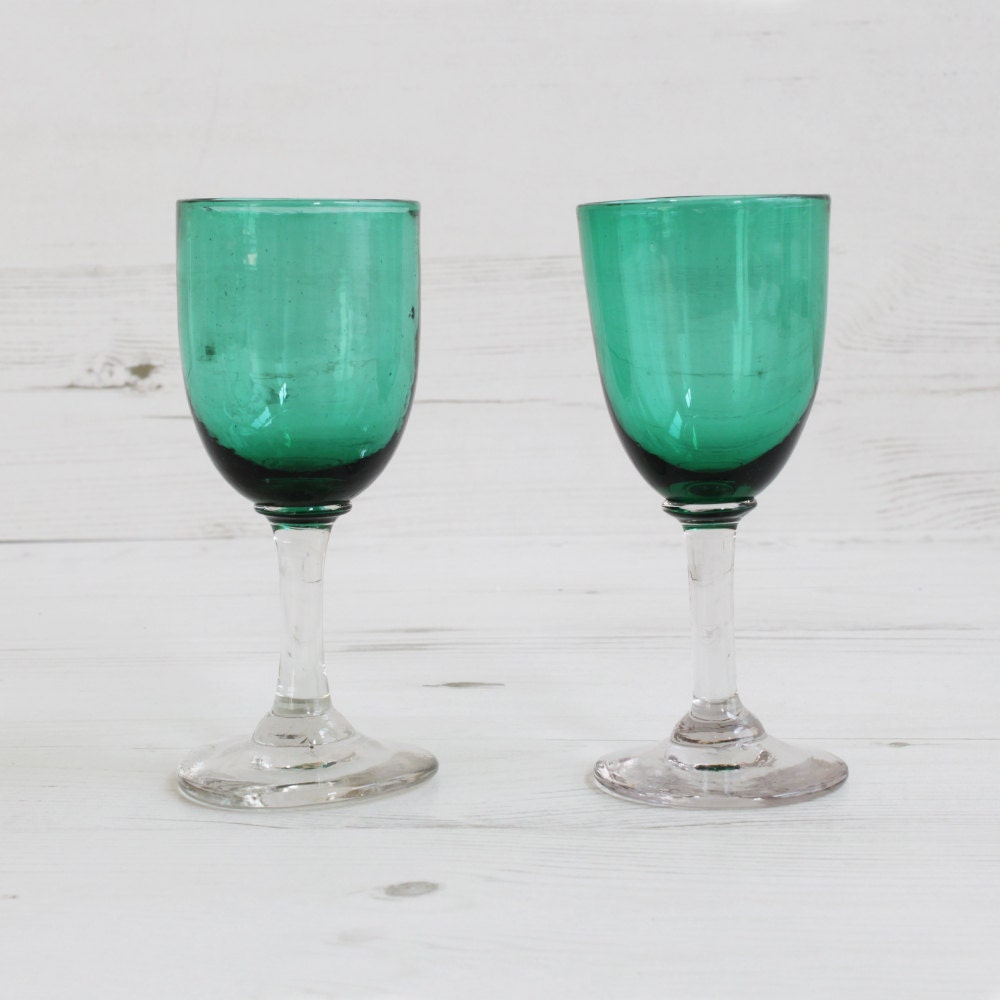 Vintage Victorian Green Drinking Glasses Edwardian Sherry Port Hand