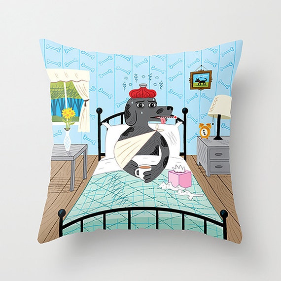 Sick As A Dog - illustrated Throw Pillow / Cushion Cover (16" x 16") by Oliver Lake