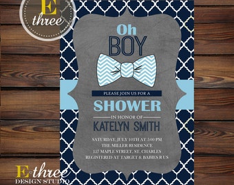 Bow Tie Baby Shower Invitation - Baby Boy Shower Invite - Preppy Navy, Baby Blue, Gray Little Man Shower Invite #1016
