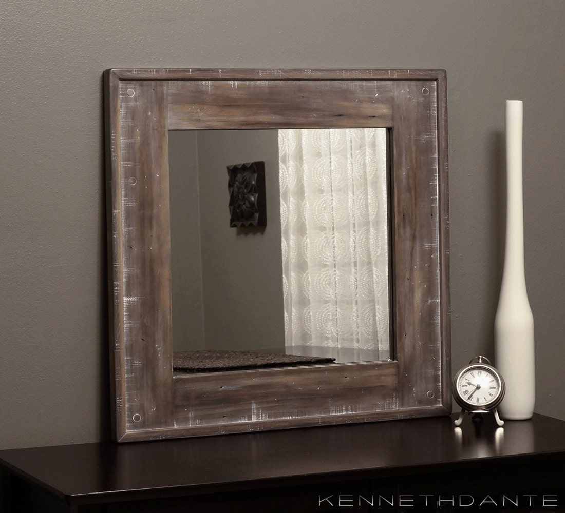 Square Wood Mirror Bathroom Whitewash Streaky by