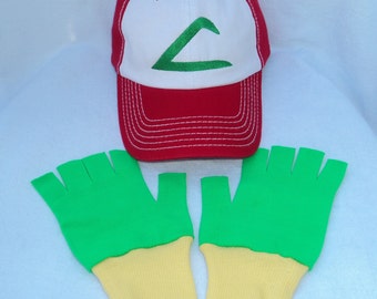 Ash Ketchum Trainer FABRIC Hat and Gloves set Halloween costume Pokemon Choose your Size