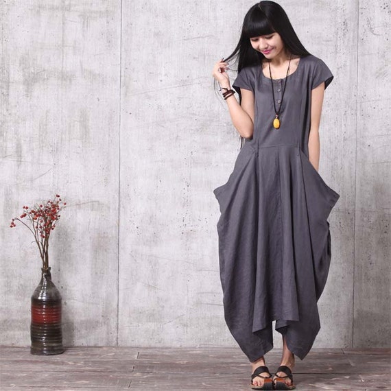 Casual Loose Fitting Short Sleeved Linen Long Dress Gray
