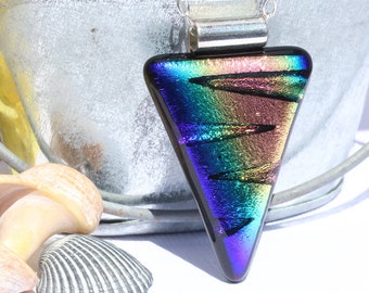 Dichroic Glass Pendant, Fused Glass Jewelry, Necklace; Modern, Contemporary, Bold, Lightning, Zigzag - Rainbow / 54mm x 36mm (Item #10712-P)