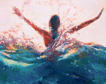Mermaid Art print of painting Break Open // Giclee Print of original painting of woman beneath the pulse of the waves