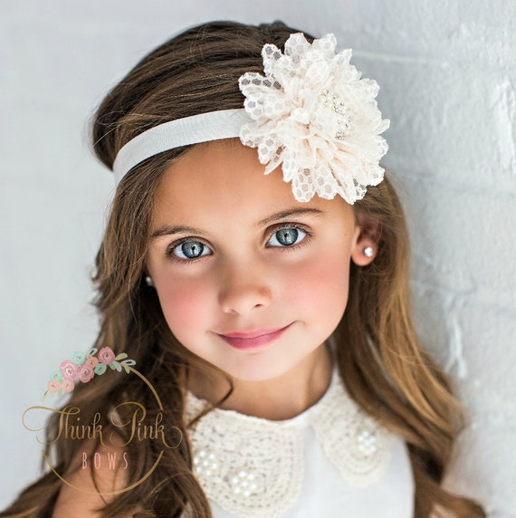 Baby Headbands, Ivory Headband, Baptism Christening Headband, Flower Girl Lace Headband,Baby Girl Headband,Newborn Headband, Flower Headband by ThinkPinkBows