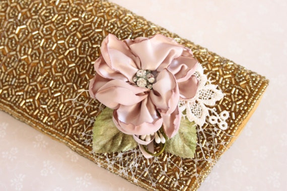 Vintage Gold Beaded Clutch Bag With Rose Corsage, Bridal Clutch Bag ...