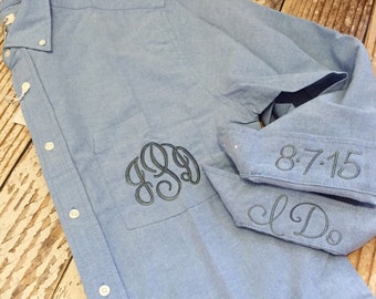 Monogrammed bride shirt with date and I do, monogrammed bridesmaid, button up, personalized wedding day shirt