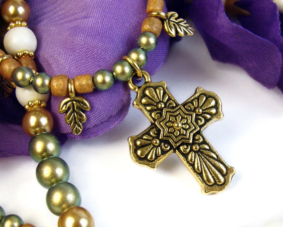 Religious Cross Pendant Necklace, Green Gold Pearls, Leaf Beads, Handmade Jewelry