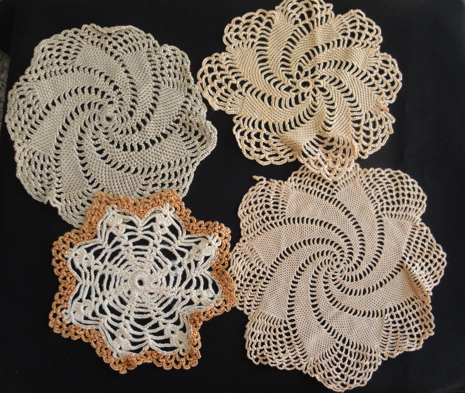 Four Vintage Lace Doilies Beige Ivory Doily Handmade Lace