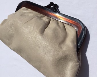 Off white Italian leather clutch with kiss clasp